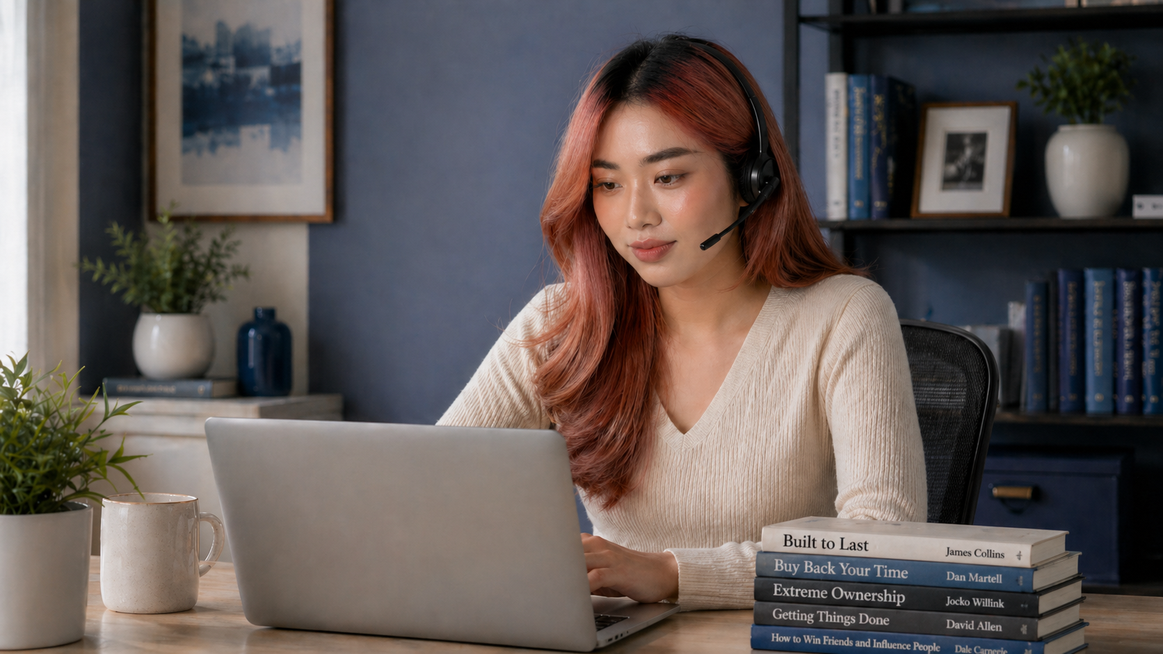 Vetted Virtual Assistant at her desk, headset on, focused on a client task